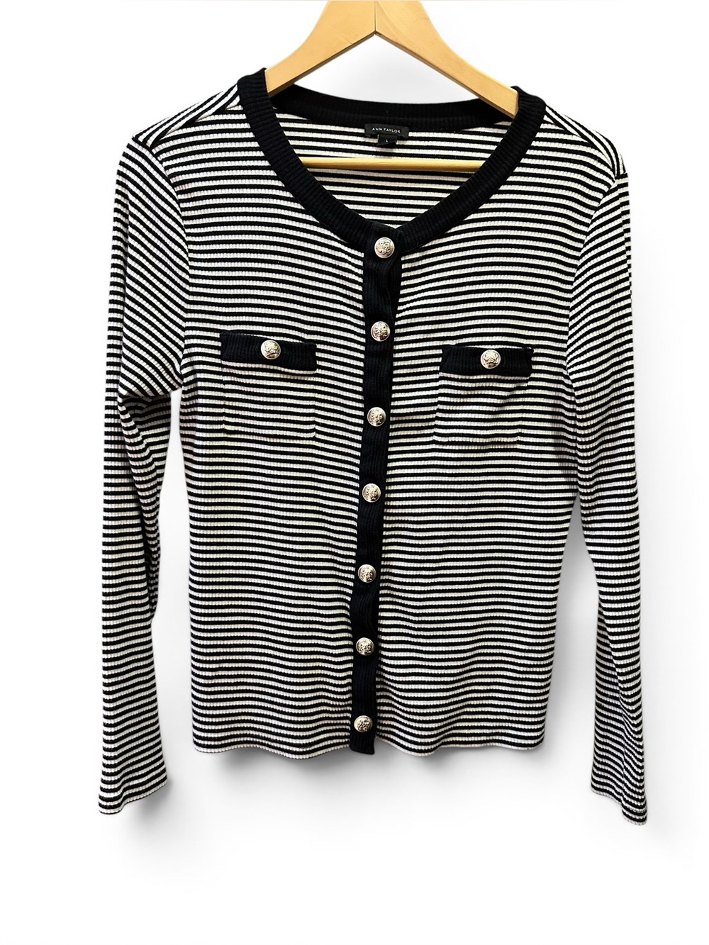 Ann Taylor black & white striped ribbed military silver button cardigan. Sz. L